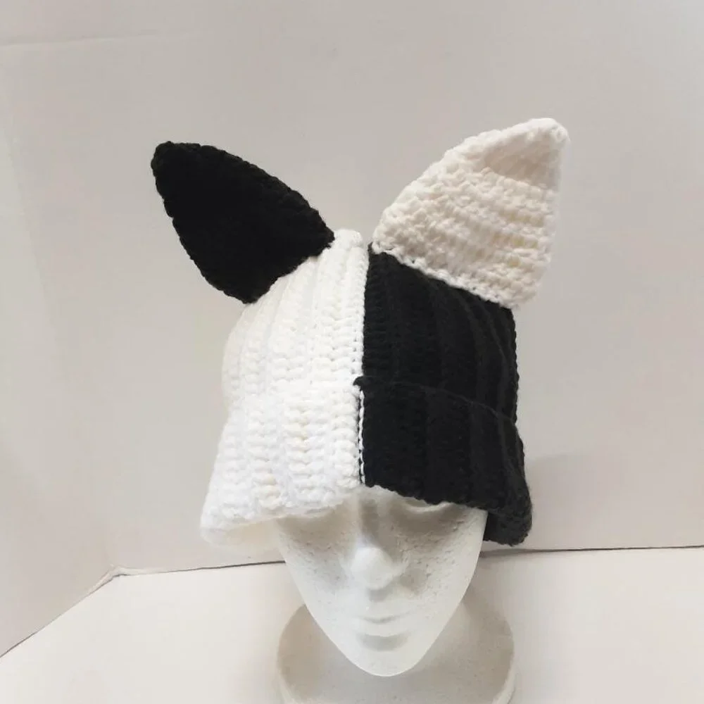 Handmade Crochet Split Color Cat Ear Beanie New - Picture 2 of 7